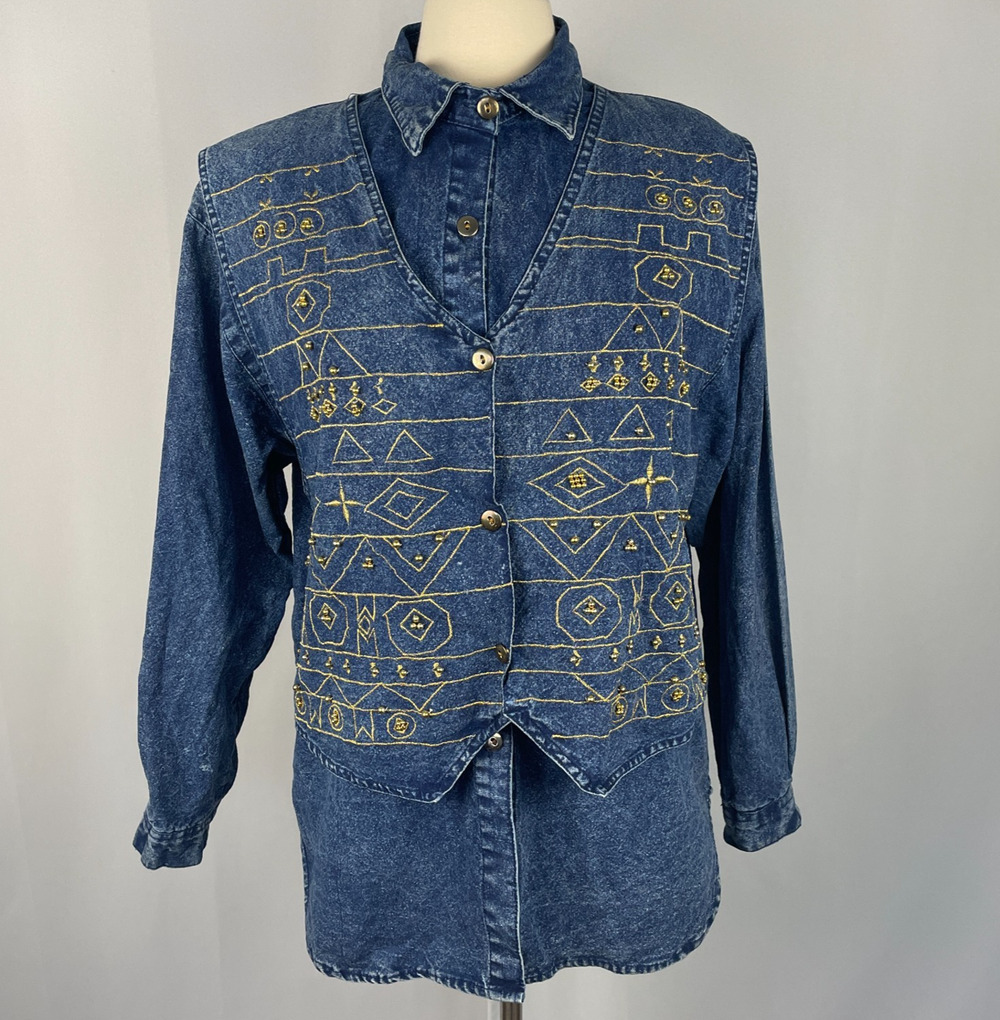 Vintage Denim Top Size Medium Blue Jean Layered Waistcoat Embroidered 80s 90s
